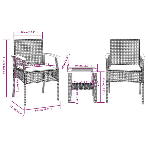 vidaXL Σετ Επίπλων Bistro 3 τεμ. Μπεζ Συνθ. Ρατάν/Ακακία με Μαξιλάρια