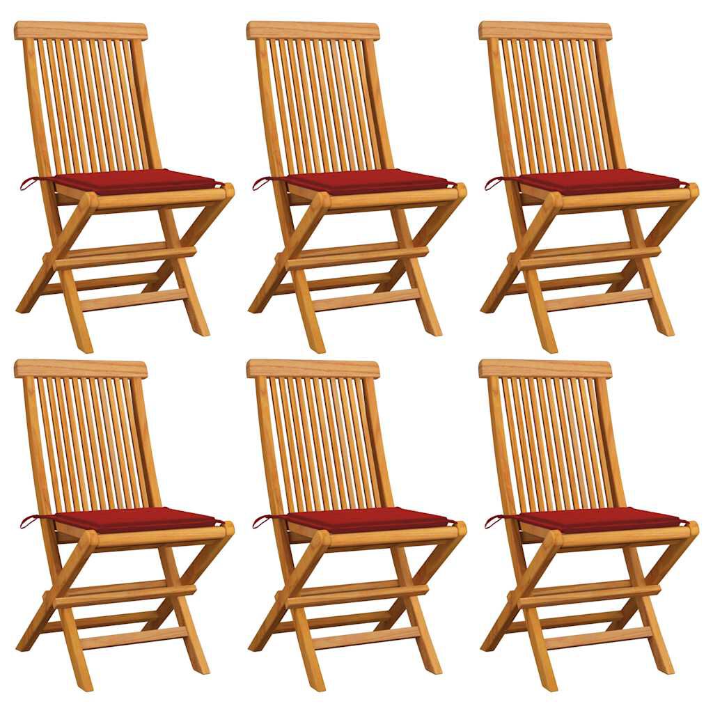 vidaXL Καρέκλες Κήπου 6 τεμ. από Μασίφ Ξύλο Teak με Κόκκινα Μαξιλάρια