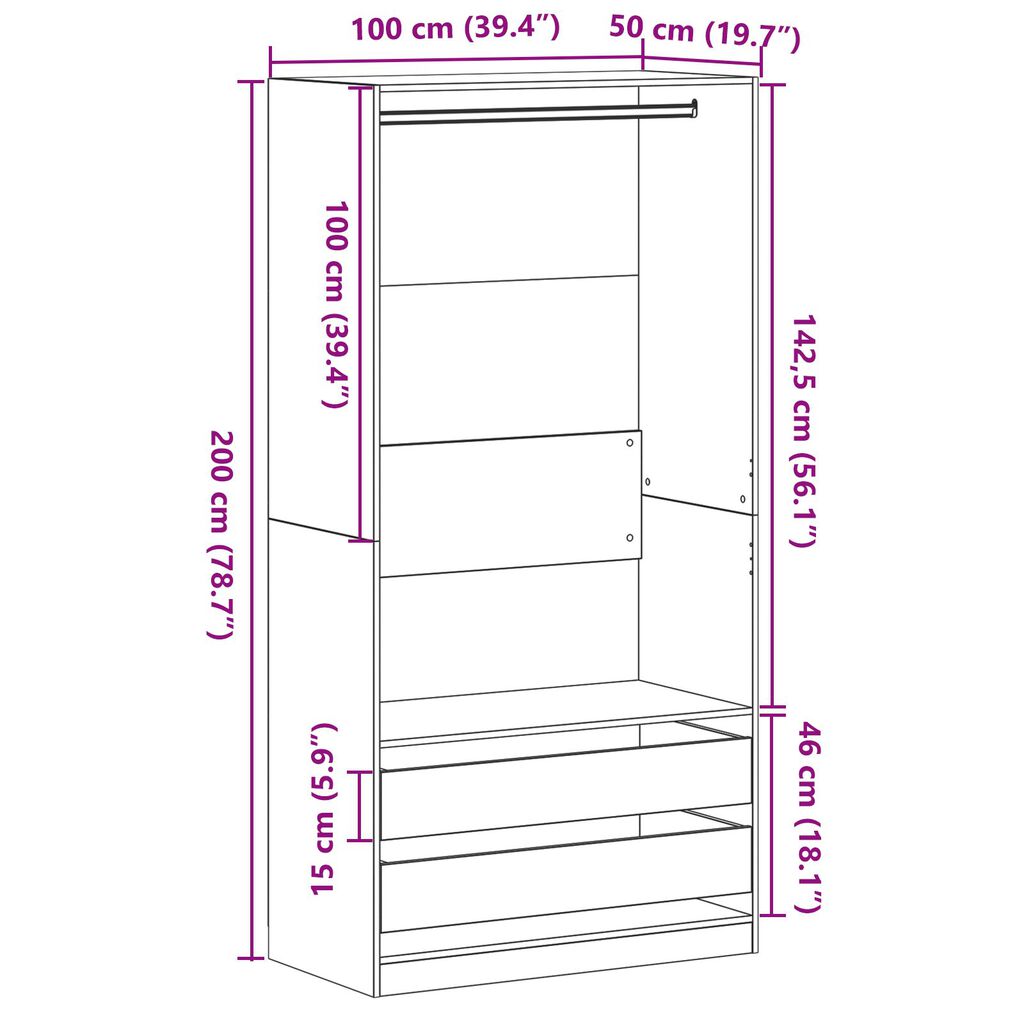 vidaXL Ντουλάπα Μαύρο Δρυς 100x50x200 εκ. Επεξεργασμένο Ξύλο