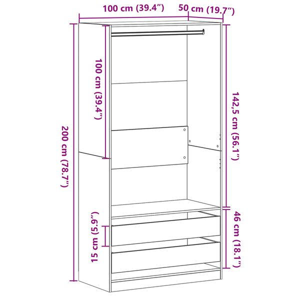 vidaXL Ντουλάπα Μαύρης Δρυς - 100 x 50 x 200 εκ. - Φτιαγμένη από Νευροξύλο