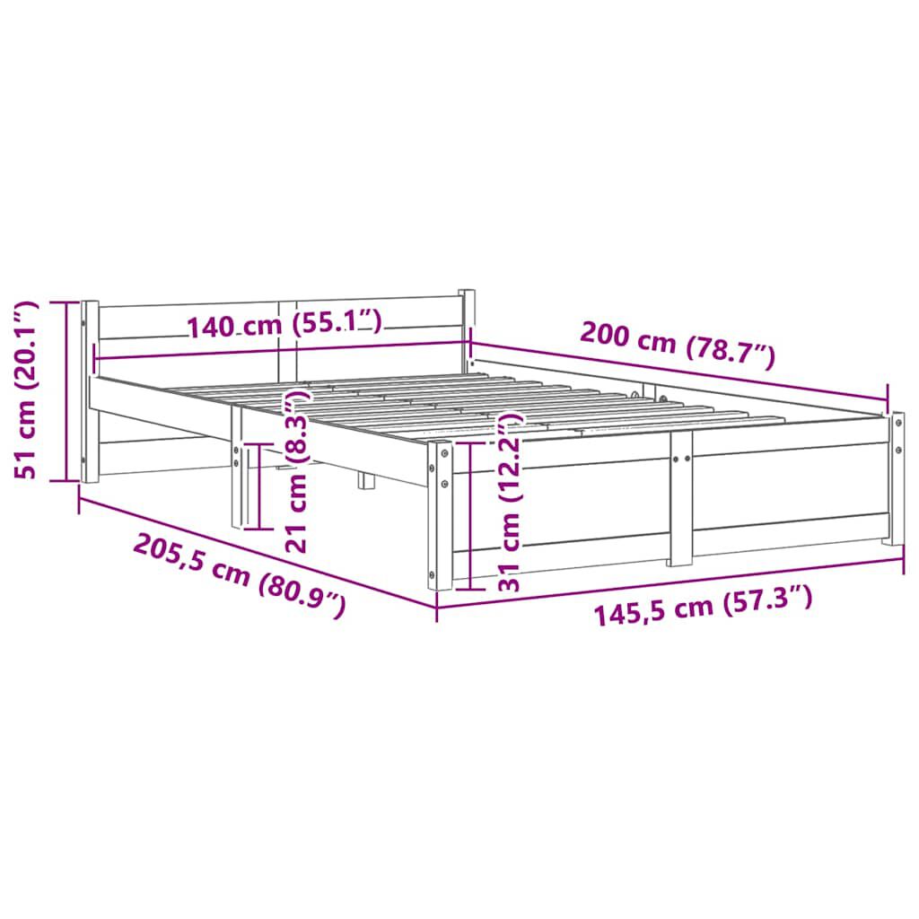 vidaXL Πλαίσιο Κρεβατιού Λευκό 140 x 200 εκ. από Μασίφ Ξύλο
