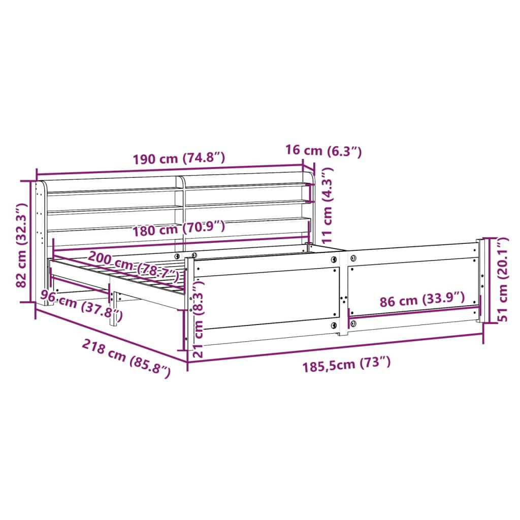 vidaXL Πλαίσιο Κρεβατιού με Κεφαλάρι 180x200 εκ. από Μασίφ Ξύλο Πεύκου