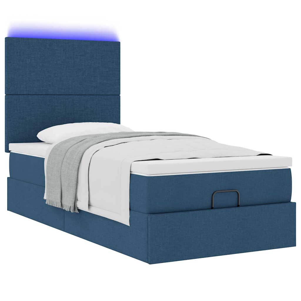 vidaXL Οθωμανικό κρεβάτι με στρώμα & LEDs Μπλε 90x200 cm Ύφασμα