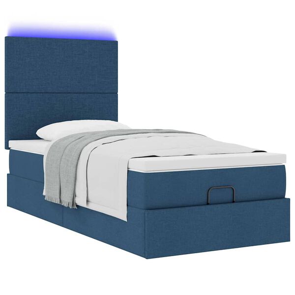 vidaXL Οθωμανικό κρεβάτι με στρώμα & LEDs Μπλε 90x200 cm Ύφασμα