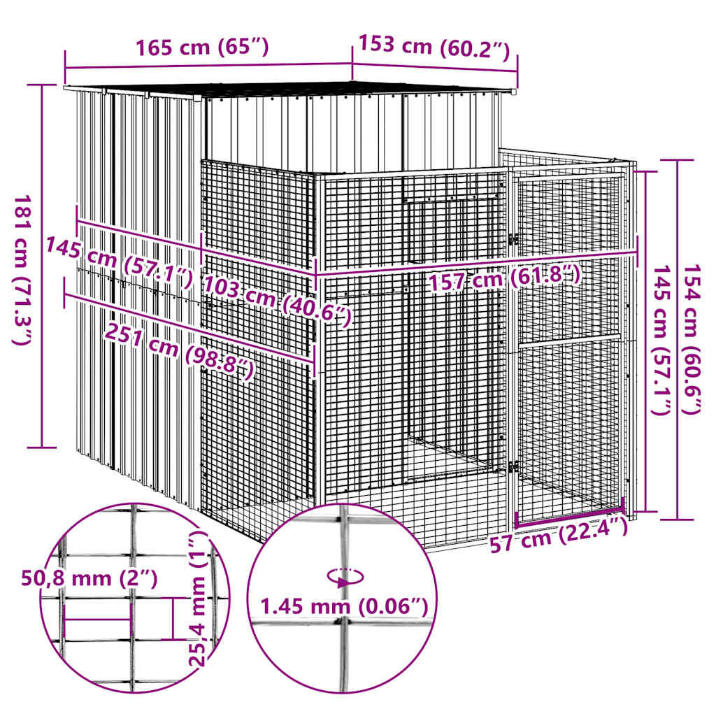 vidaXL Σπιτάκι Σκύλου με Αυλή Αν. Γκρι 165x251x181 εκ Γαλβαν. Χάλυβας
