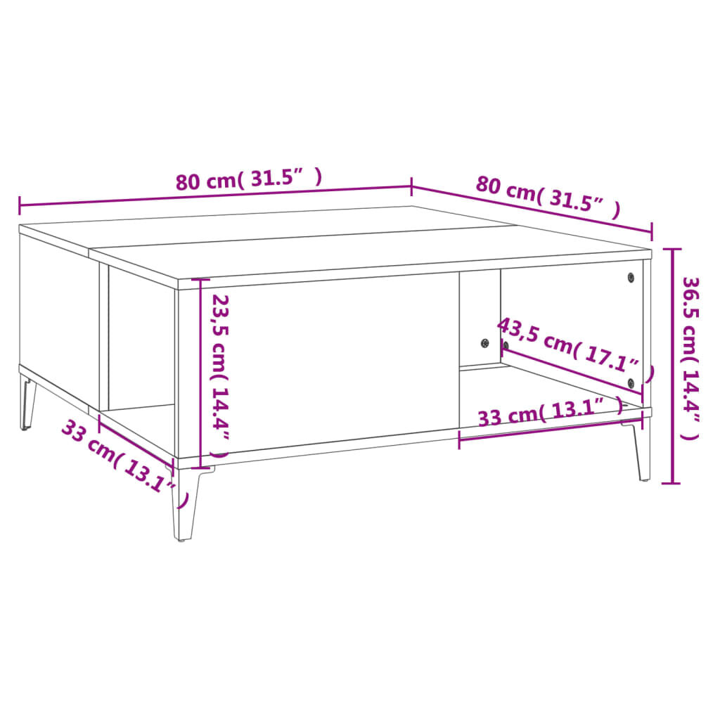 vidaXL Τραπεζάκι Σαλονιού Γκρι Sonoma 80x80x36,5εκ. Επεξεργασμένο Ξύλο
