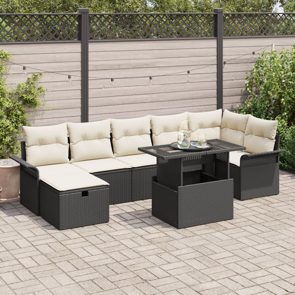 vidaXL Σετ κήπου 8 κομματιών με μαξιλάρια Black Poly Rattan