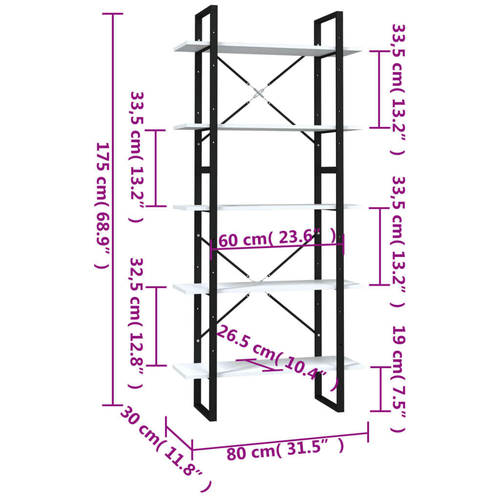 vidaXL Βιβλιοθήκη με 5 Ράφια Λευκή 80 x 30 x 175 εκ. από Επεξ. Ξύλο