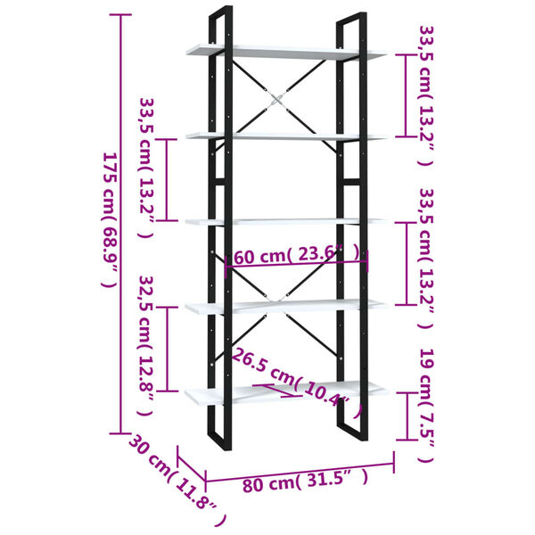vidaXL Βιβλιοθήκη με 5 Ράφια Λευκή 80 x 30 x 175 εκ. από Επεξ. Ξύλο
