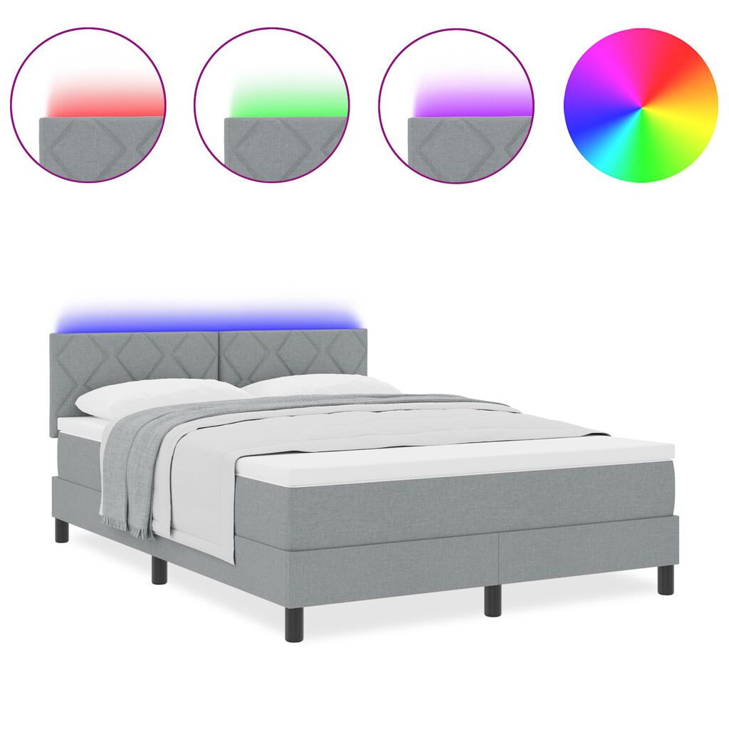 vidaXL Κρεβάτι Box Spring με Στρώμα & LED Ανοιχτό Γκρι 140x200 εκ Ύφασμα