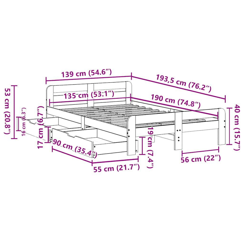 vidaXL Σκελετός Κρεβατιού Χωρίς Στρώμα 135x190 εκ Μασίφ Ξύλο Πεύκου