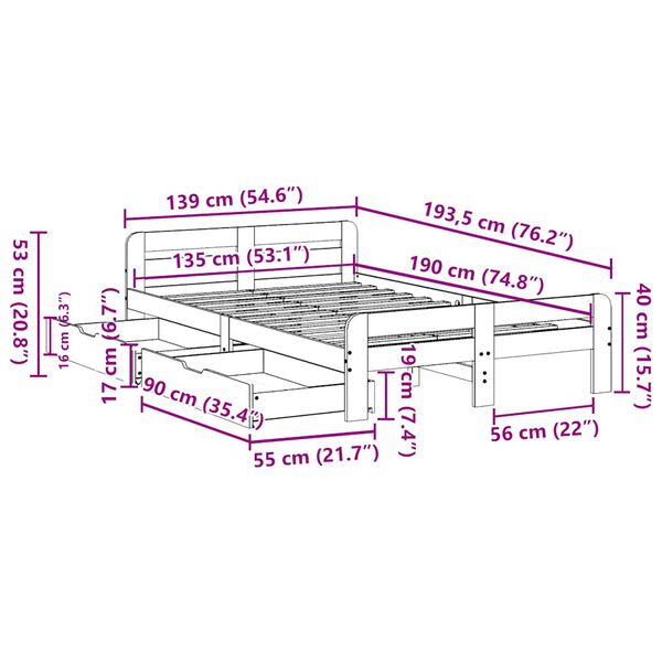 vidaXL Σκελετός Κρεβατιού Χωρίς Στρώμα 135x190 εκ Μασίφ Ξύλο Πεύκου