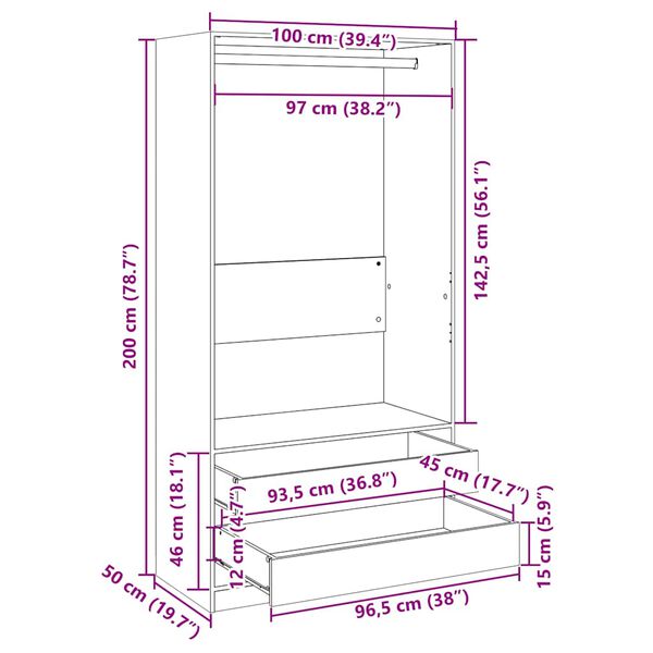vidaXL Ντουλάπα Μαύρη 100 x 50 x 200 εκ. από Επεξ. Ξύλο