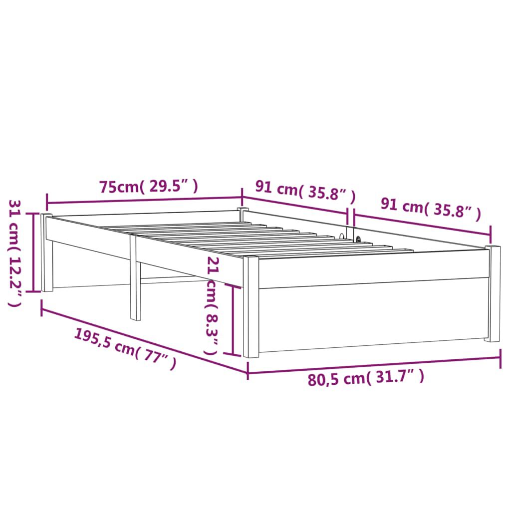 vidaXL Πλαίσιο Κρεβατιού 75 x 190 εκ. από Μασίφ Ξύλο Small Single