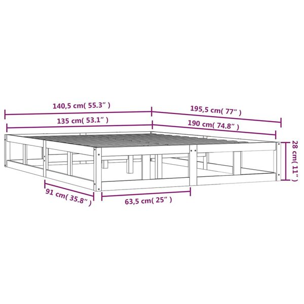 vidaXL Πλαίσιο Κρεβατιού 135 x 190 εκ. από Μασίφ Ξύλο Double