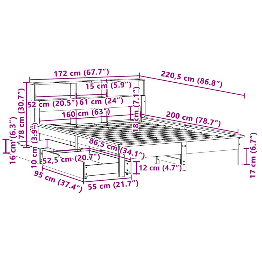 vidaXL Κρεβάτι Βιβλιοθήκη Χωρίς Στρώμα 160x200 εκ Μασίφ Ξύλο Πεύκου