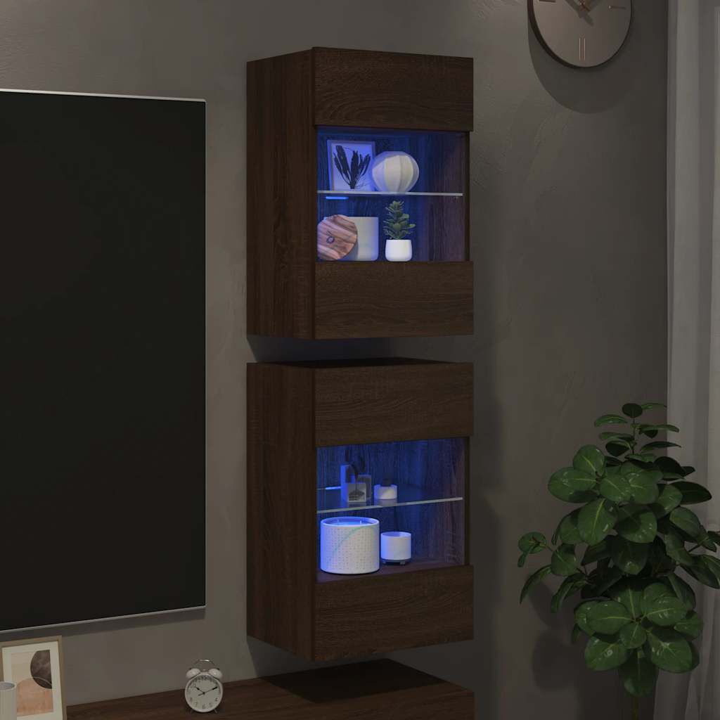 vidaXL Κρεμαστά ντουλάπια με φώτα LED για τηλεόραση 2 Τεμ. Καφέ Δρυς 40x30x60,5εκ.