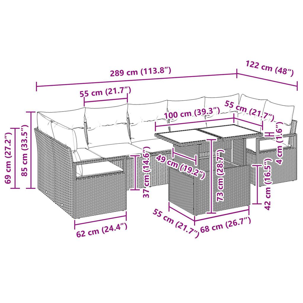 vidaXL Σετ Καναπέ Κήπου με μαξιλάρι 8 pcs Μαύρο 100 x 55 x 73 εκ