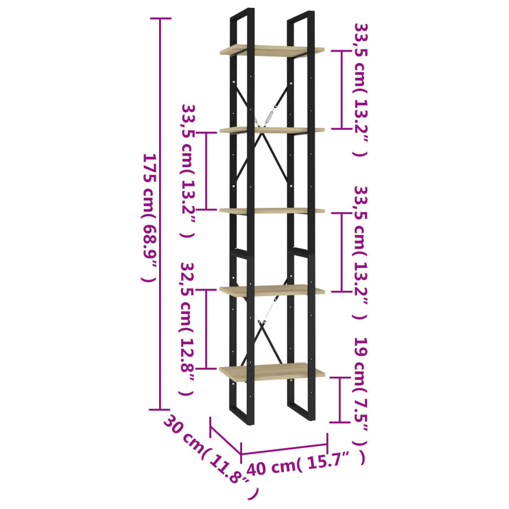vidaXL Βιβλιοθήκη με 5 Ράφια Sonoma Δρυς 40 x 30 x 175 εκ. Επεξ. Ξύλο