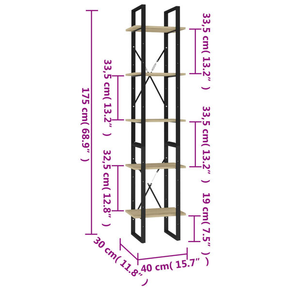 vidaXL Βιβλιοθήκη με 5 Ράφια Sonoma Δρυς 40 x 30 x 175 εκ. Επεξ. Ξύλο