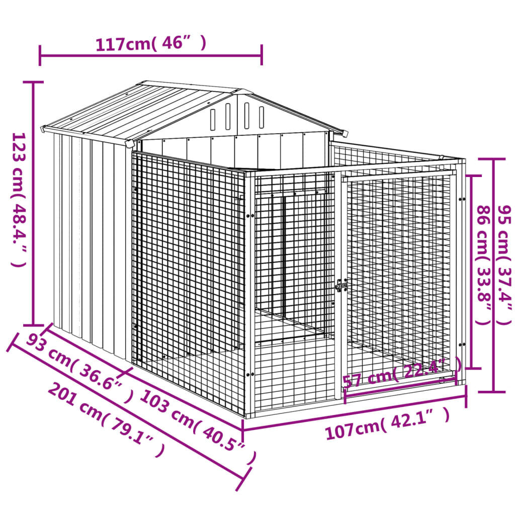 vidaXL Σπιτάκι Σκύλου με Αυλή Ανθρακί 117x201x123 εκ. Γαλβαν. Χάλυβας