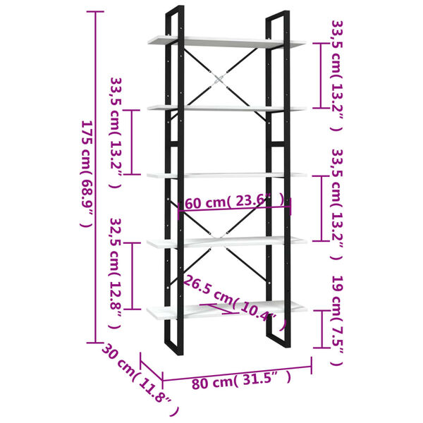 vidaXL Βιβλιοθήκη με 5 Ράφια Λευκή 80 x 30 x 175 εκ. από Ξύλο Πεύκου