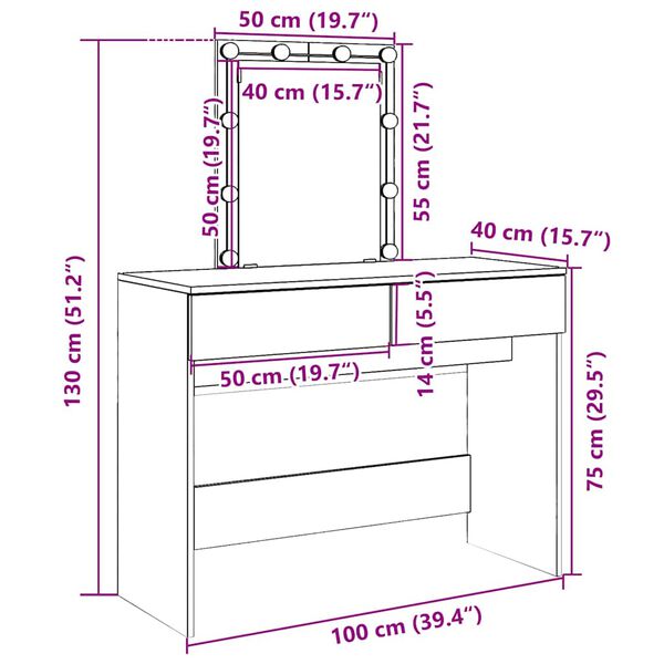 vidaXL Μπουντουάρ με LED Λευκό 100x40x130 εκ.