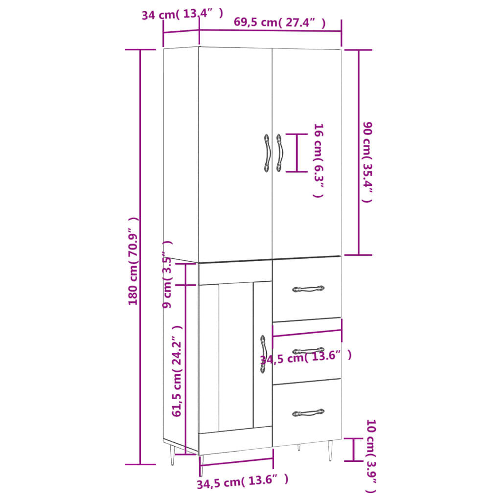 vidaXL Ντουλάπι Μαύρο 69,5x34x180 εκ. από Επεξεργασμένο Ξύλο
