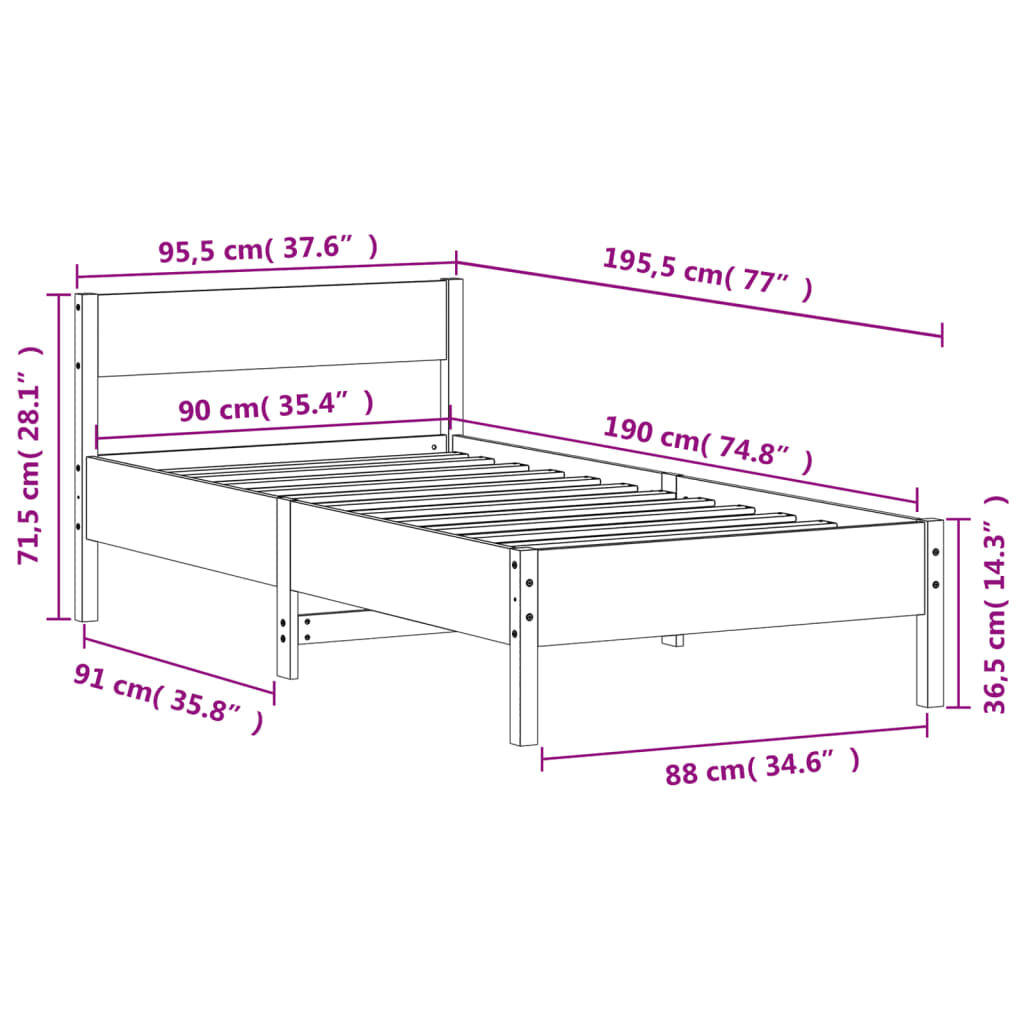 vidaXL Σκελετός Κρεβ. Χωρίς Στρώμα Λευκό 90x190 εκ Μασίφ Πεύκο