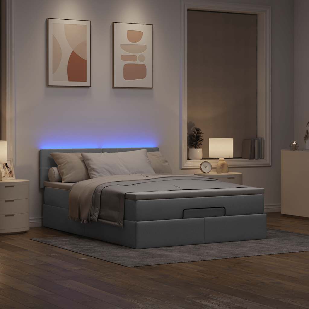 vidaXL Οθωμανικό κρεβάτι με στρώμα & LEDs Ανοιχτό γκρι ύφασμα