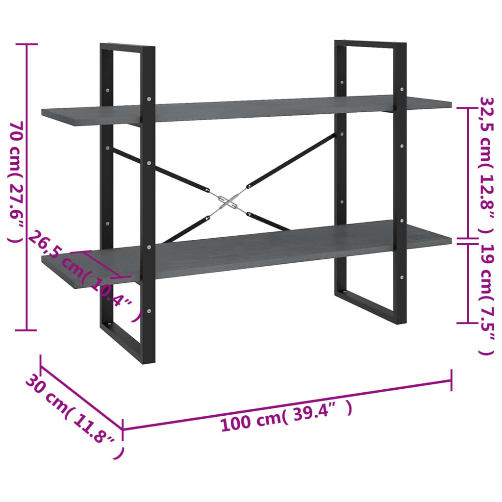 vidaXL Βιβλιοθήκη με 2 Ράφια Γκρι 100x30x70 εκ. από Μασίφ Ξύλο Πεύκου