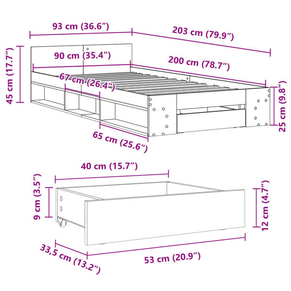 vidaXL Πλαίσιο Κρεβατιού με συρτάρια Γκρι sonoma 90x200εκ. Επεξ. Ξύλο