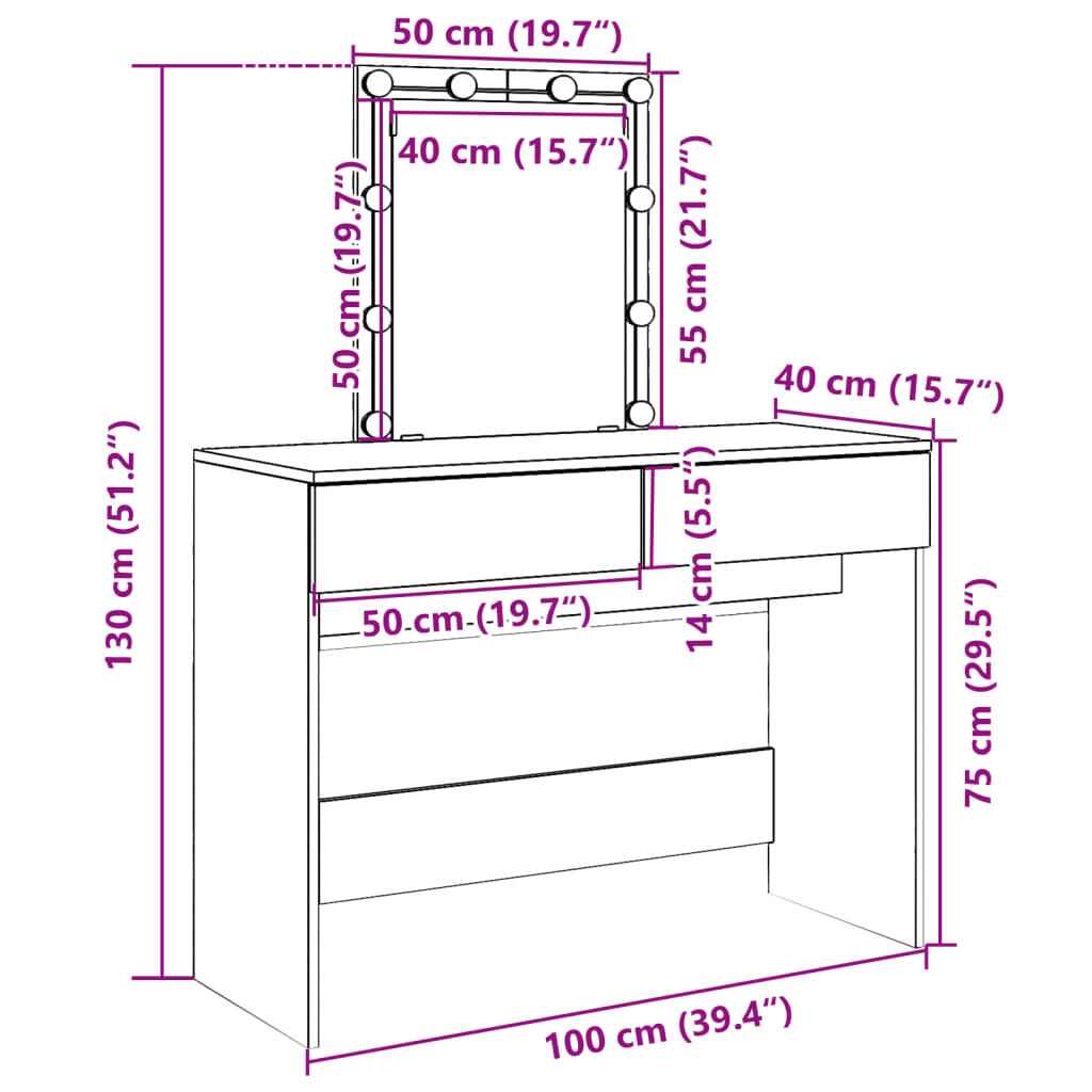 vidaXL Μπουντουάρ με LED Λευκό 100x40x130 εκ.