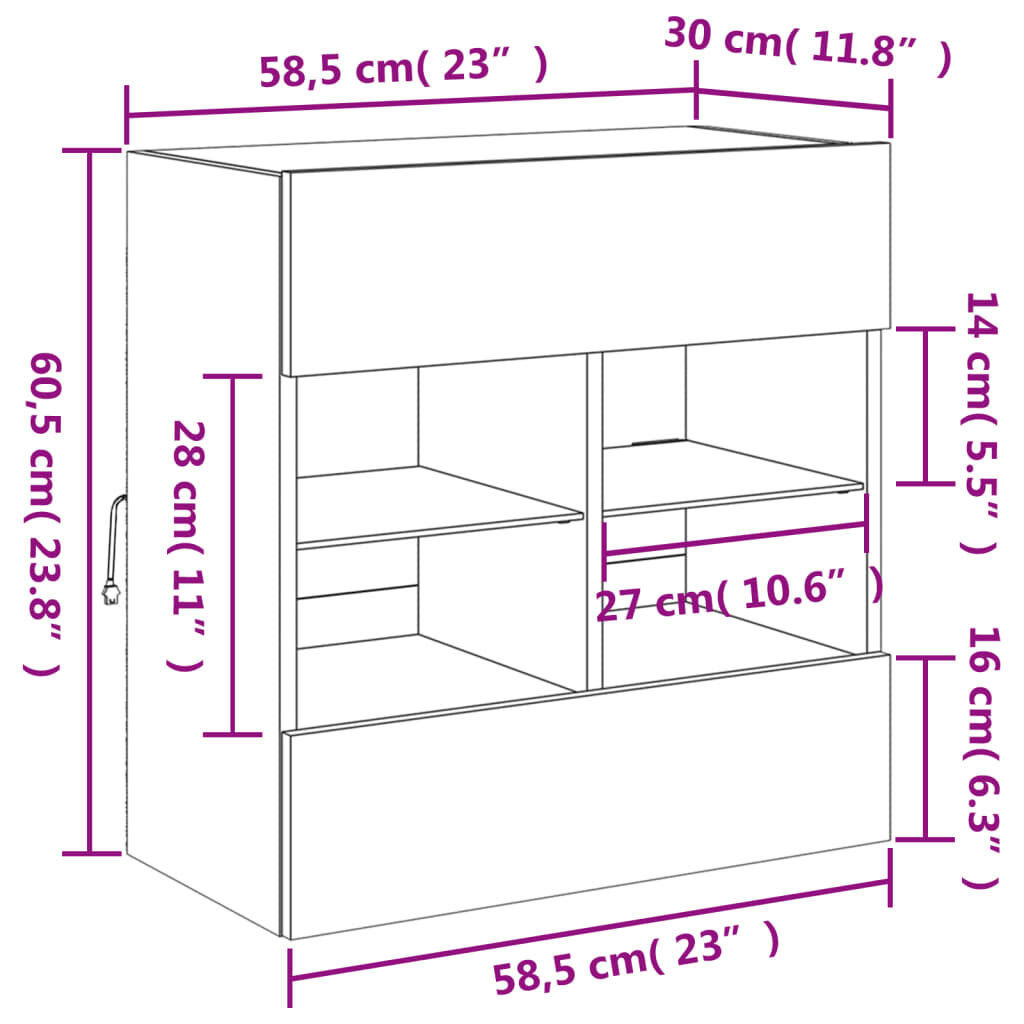 vidaXL Έπιπλο Τοίχου Τηλεόρασης με LED Γκρι Sonoma 58,5x30x60,5 εκ.