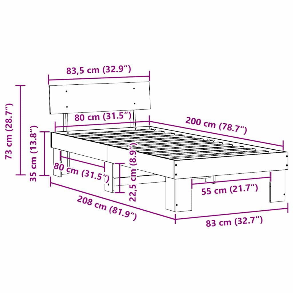 vidaXL Σκελετός Κρεβατιού Λευκό 80 x 200 cm Μασίφ ξύλο πεύκου
