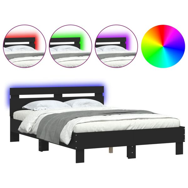 vidaXL Πλαίσιο Κρεβατιού με Κεφαλάρι/LED Μαύρο 135 x 190 εκ.