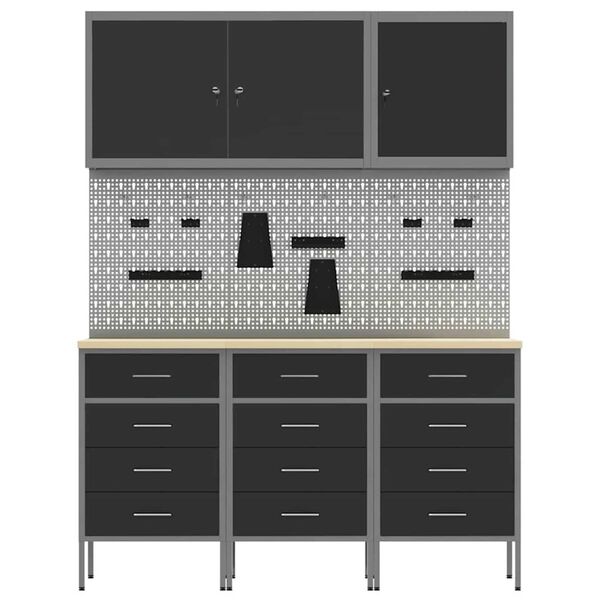 vidaXL Πάγκος εργασίας με συρτάρι 8 pcs Μαύρο 150 x 55 x 200 εκ Ατσάλι