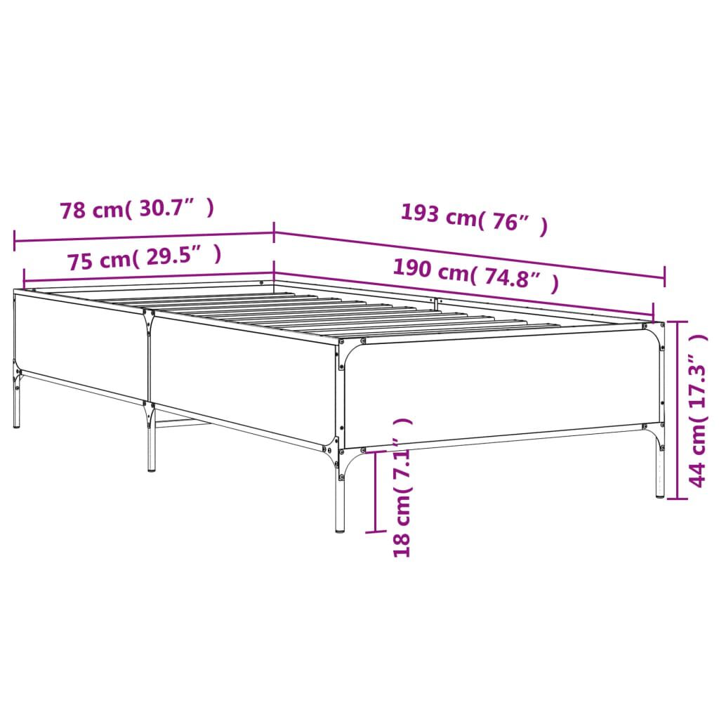vidaXL Πλαίσιο Κρεβατιού Sonoma Δρυς 75 x 190 εκ. Επεξ. Ξύλο & Μέταλλο