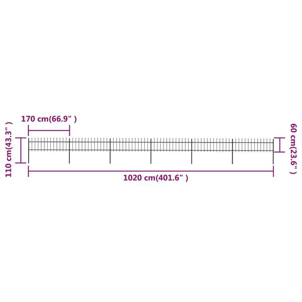 vidaXL Κάγκελα Περίφραξης με Λόγχες Μαύρα 10,2 x 0,6 μ. από Χάλυβα