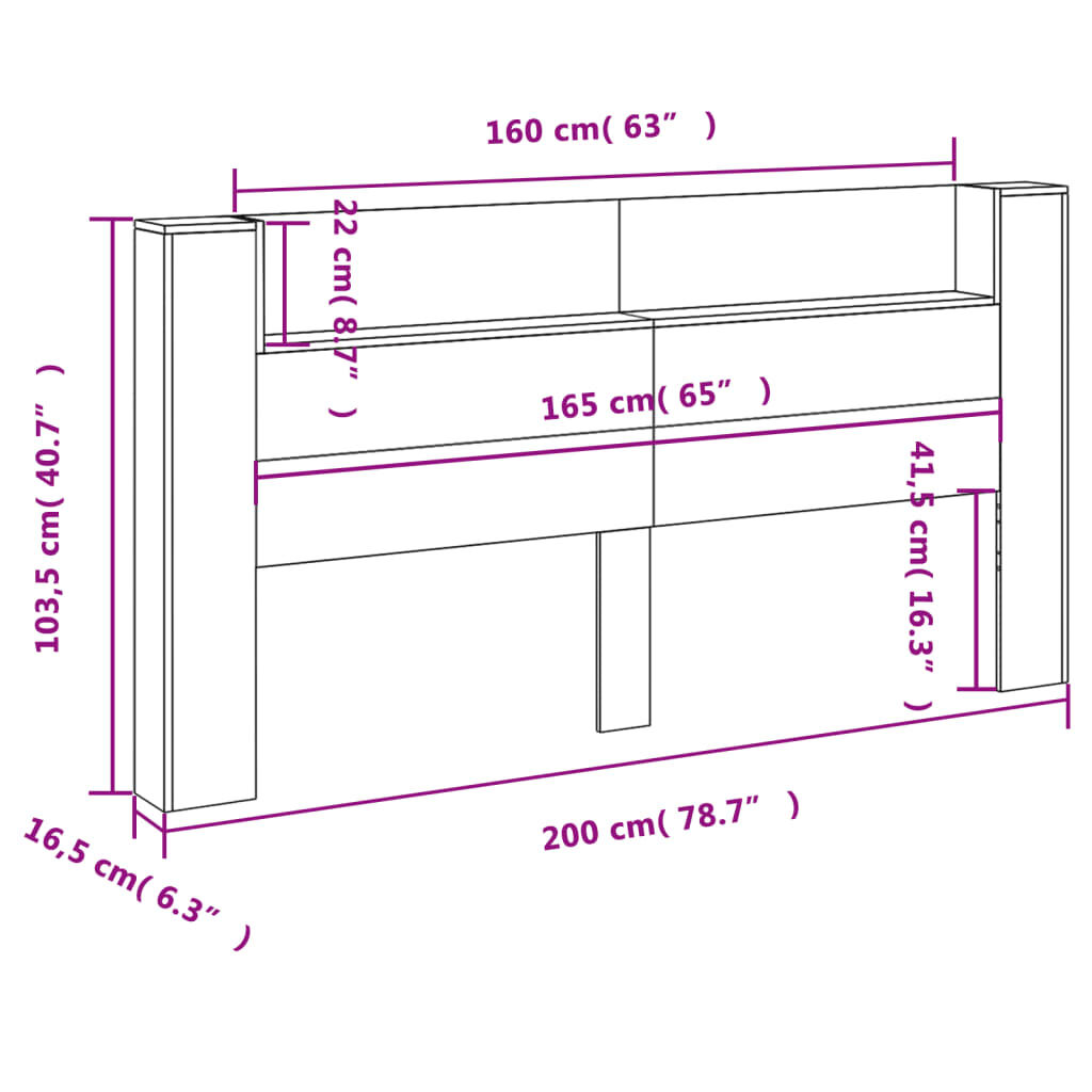 vidaXL Κεφαλάρι με Αποθηκ. Χώρο & LED Γκρι Sonoma 200x16,5x103,5 εκ.