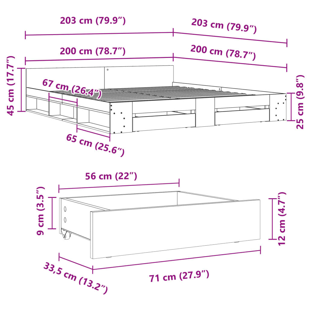 vidaXL Πλαίσιο Κρεβατιού με Συρτάρια Μαύρο 200x200 εκ Επεξεργ. Ξύλο