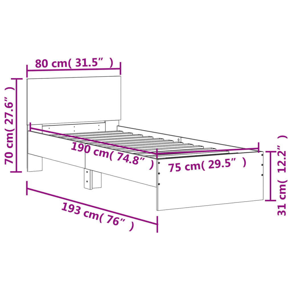 vidaXL Πλαίσιο Κρεβατιού με Κεφαλάρι Γκρι Sonoma 75x190 εκ. Επεξ. Ξύλο