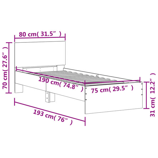 vidaXL Πλαίσιο Κρεβατιού με Κεφαλάρι Γκρι Sonoma 75x190 εκ. Επεξ. Ξύλο