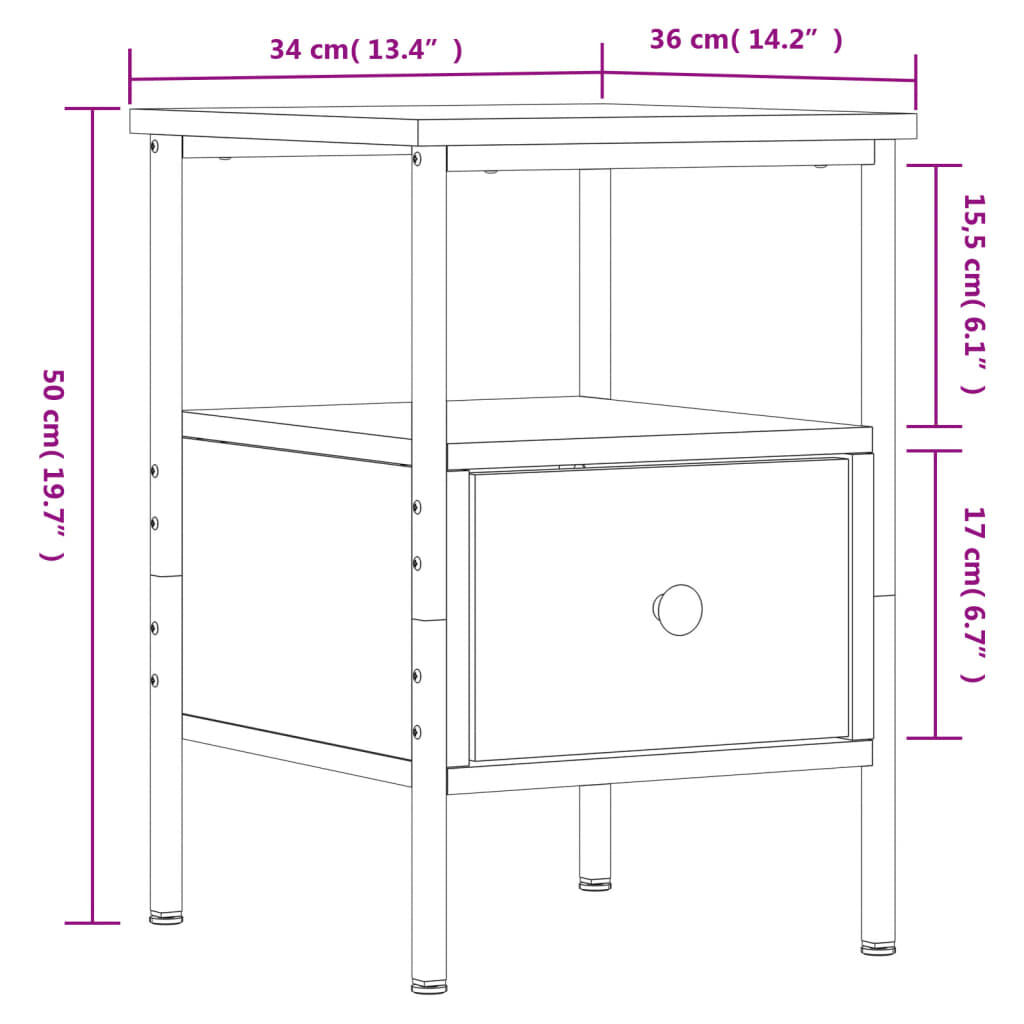 vidaXL Κομοδίνο Καπνιστή Δρυς 34 x 36 x 50 εκ. από Επεξεργασμένο Ξύλο