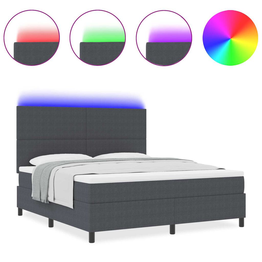 vidaXL Κρεβάτι με Βάση με Στρώμα & LED Σκούρο Γκρι Καπιτονέ Ύφασμα