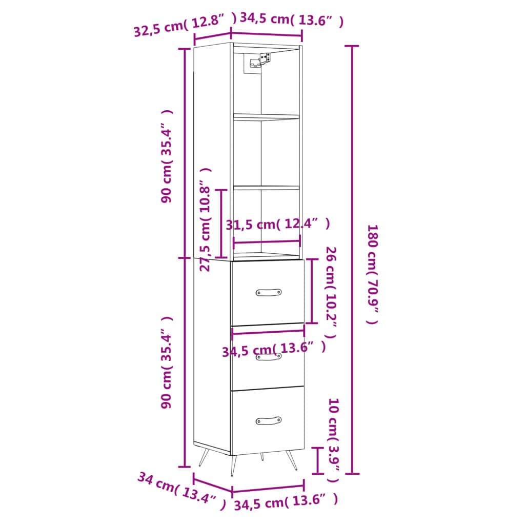 vidaXL Ντουλάπι Λευκό 34,5 x 34 x 180 εκ. από Επεξεργασμένο Ξύλο