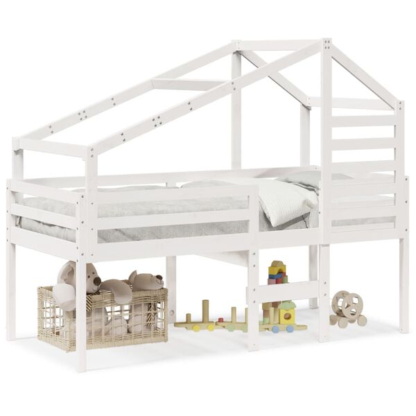 vidaXL Κρεβάτι Υπερυψωμένο με Οροφή Λευκό 90x200 εκ. Μασίφ Ξύλο Πεύκου