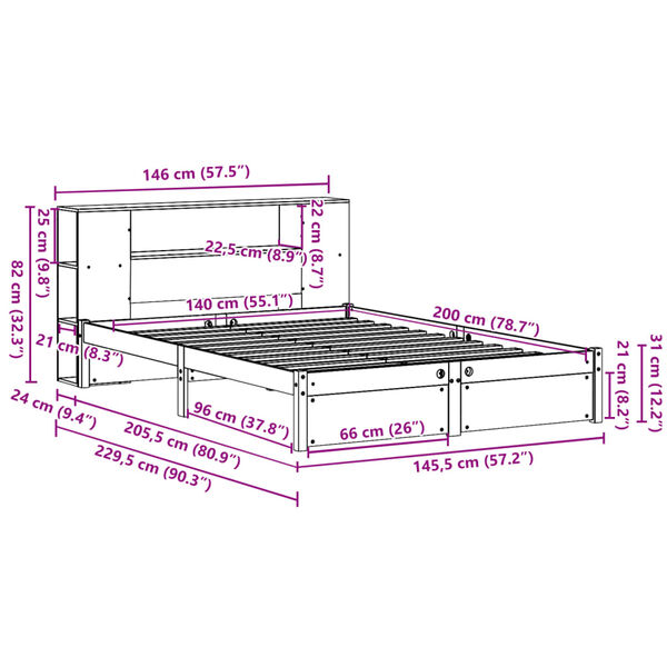 vidaXL Κρεβάτι Βιβλιοθήκη Χωρίς Στρώμα 140x200 εκ Μασίφ Ξύλο Πεύκο