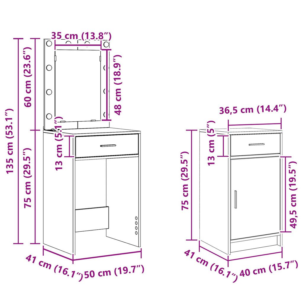 vidaXL Τραπέζι περιποίησης με συρτάρι 3 pcs Γκρι 50 x 41 x 135 εκ