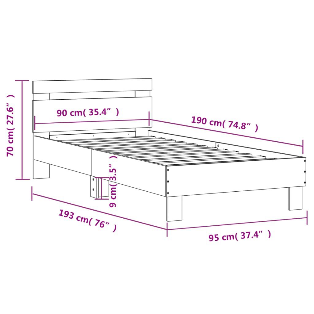 vidaXL Πλαίσιο Κρεβατιού με Κεφαλάρι και LED Γκρι sonoma 90 x 190 εκ.